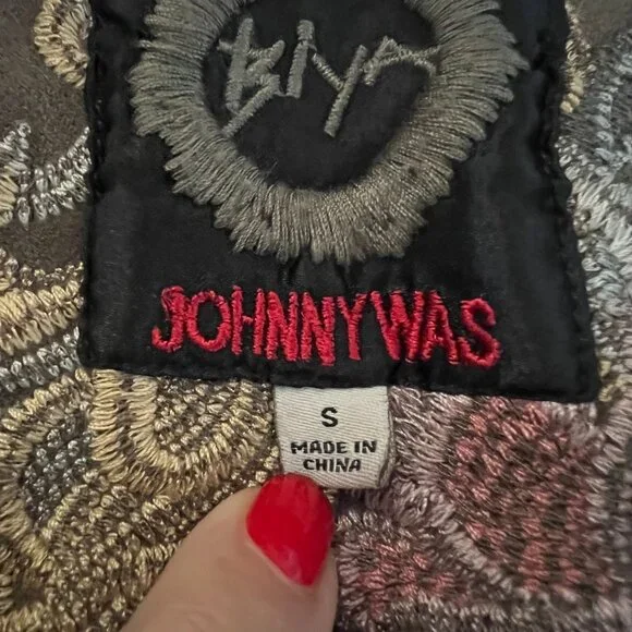 Pre owned Johnny Was BIYA Srika Khaki Green Shimmer Sueded Embroidered Hoodie - Picture 14 of 16